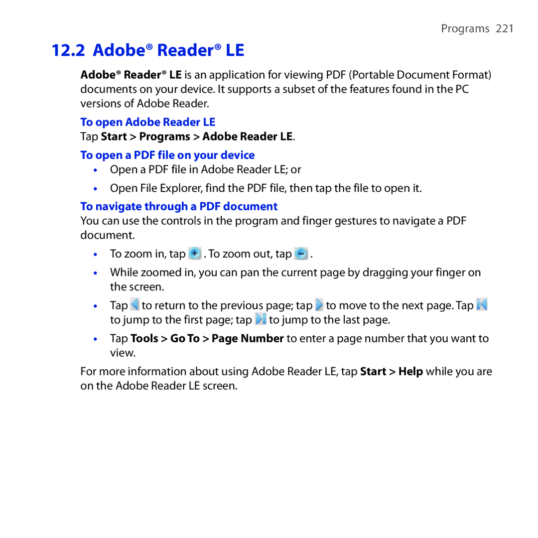 HTC RHOD210 user manual Programs , To open Adobe Reader LE, Tap Start Programs Adobe Reader LE 